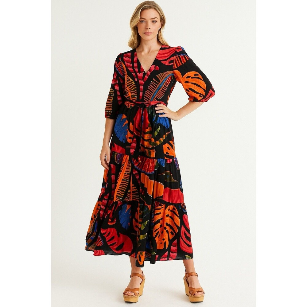 Maude Vivante Dress Size M Multi Color Leaf Pattern Maxi Half Sleeve Wrap Tie